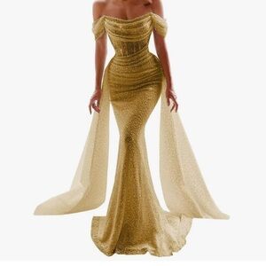 Elegant Gold Off-Shoulder Evening Gown
